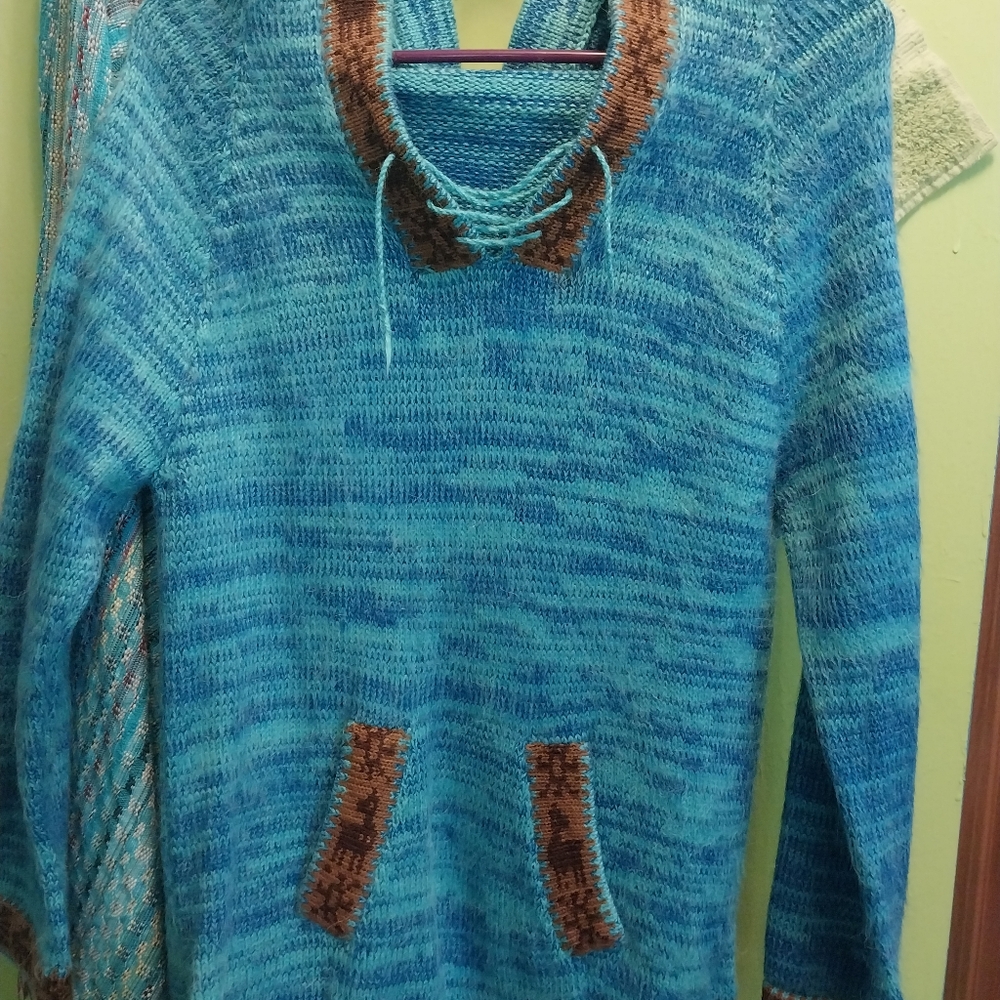 Vintage wool/alpaca hooded blue with brown trim sweater. No tags